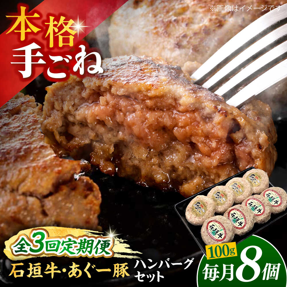 【ふるさと納税】【全3回定期便】沖縄県産 あぐー豚＆石垣牛 ハンバーグセット 800g (100g×8個) 豚 牛 ハンバーグ 冷凍 ギフト お取り寄せ 父の日 沖縄市 / お肉屋本店[BCAZ015]