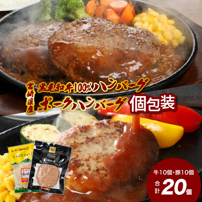 【ふるさと納税】ハンバーグ詰め合わせセット(牛・豚) - 国産黒毛和牛100％ハンバーグ ポークハンバーグ 冷凍ハンバーグ 国産 牛肉ハンバーグ 豚肉ハンバーグ 肉・加工品 お惣菜 お総菜 焼くだけ 食べ比べセット 2種類 個包装 ハンバーグ冷凍 送料無料 【宮崎県木城町】