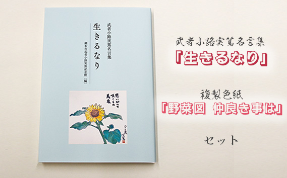 
No.090 武者小路実篤名言集『生きるなり』と複製色紙「野菜図　仲良き事は」セット ／ 元気 本 実篤記念館所蔵作品 東京都
