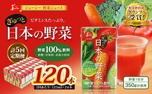【5回定期便】【野菜飲料初！ジャパンフードセレクション グランプリ受賞】 ジューシー 野菜ジュース ぎゅっと日本の野菜 100％ 125ml×24本 ジュース 紙パック 国産 