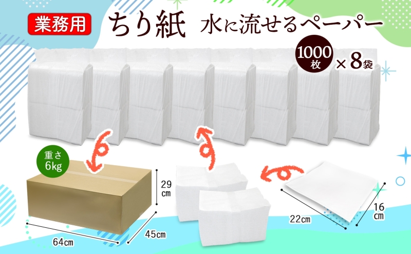 業務用 水に流せる ちり紙 1000枚×8袋 チリ紙 ティッシュ ティッシュペーパー ペーパー 紙 落とし紙 衛生用品 無香料 まとめ買い 箱買い 備蓄 非常用 エコ 再生紙 送料無料 川一製紙 岐阜