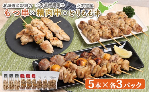 
                  北海道産親鶏 もつ串 鳥精肉串 北海道産 とりもも串 各5本 計45本 オンライン 申請 ふるさと納税 北海道 恵庭 モツ串 モツ やきとり 焼き鳥 鳥もも 炭火焼き 惣菜 おかず おつまみ 簡単調理 時短 冷凍 恵庭市【81002001】
                