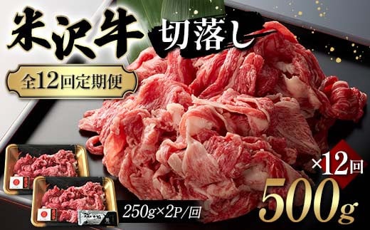 
            【全12回定期便】米沢牛切落し 500g×12回 F2Y-6238
          