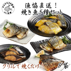 漁協直送！焼き魚5種5袋セット( さば サバ 鯖 ぶり ブリ 鰤 みりん漬け 塩焼き 西京漬け 長崎県産 国産 肴 急速凍結 旨味 焼くだけ 簡単 魚セット 焼き魚 焼き魚セット 魚 さかな おつまみ おかず 晩ご飯 人気 大人気 おすすめ おいしい 海の幸 海鮮 海産物 魚介類 )【B0-159】