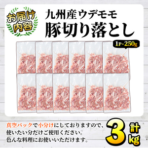 豚肉ウデモモ切り落とし(計3kg・1パック250g) 小分け 国産 豚肉 豚小間 真空パック 家庭用 豚こま 定期便 スライス 冷凍配送 個包装 切り落し 切落し すき焼き しゃぶしゃぶ セット 詰め