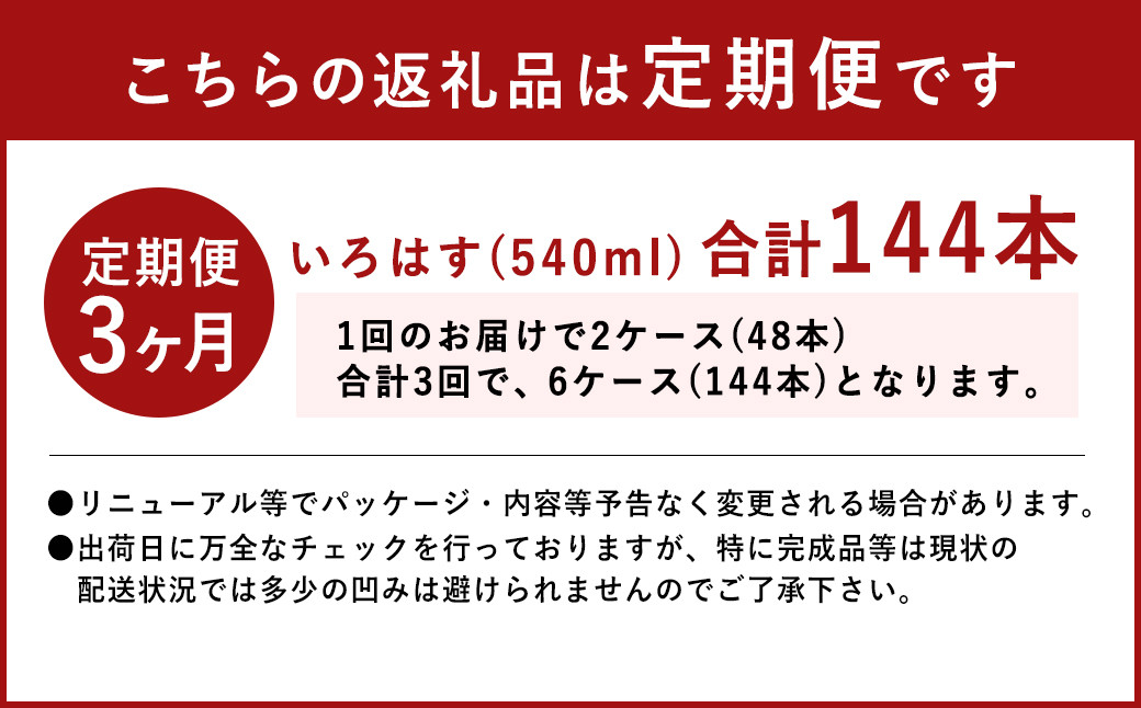 【3ヶ月定期便】い・ろ・は・す(いろはす)阿蘇の天然水 540mlPET×24本(2ケース)