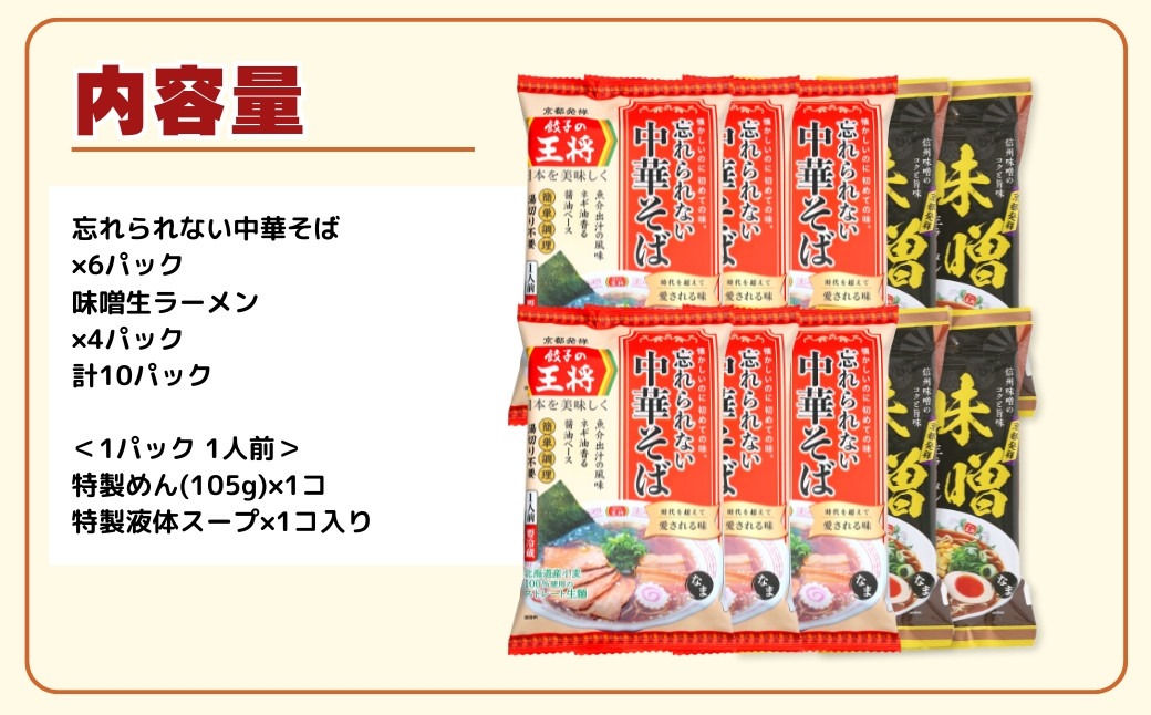 【餃子の王将】公式餃子の王将ラーメン本格生麺 取り寄せ2つの味が楽しめる10パックセット （忘れられない中華そば6パック、味噌ラーメン4パック ）