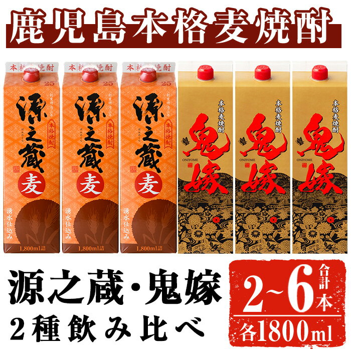 【ふるさと納税】＜内容量が選べる＞岩川醸造 本格麦焼酎飲み比べ1800mlパック(源之蔵、鬼嫁：各1800ml×1～3本) 焼酎 麦焼酎 本格麦焼酎 麦 麦麹 酒 お酒 アルコール パック セット 飲み比べ 詰め合わせ 鹿児島【大隅家】