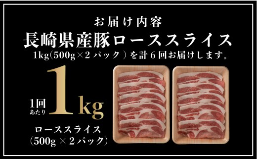[B583］ 【6回定期便】 長崎県産 豚肉 ローススライス 計1kg (500g×2) 総計6kg 定期便 小分け 冷凍 豚肉 しゃぶしゃぶ すき焼き ぶたにく 国産豚 6回 定期便