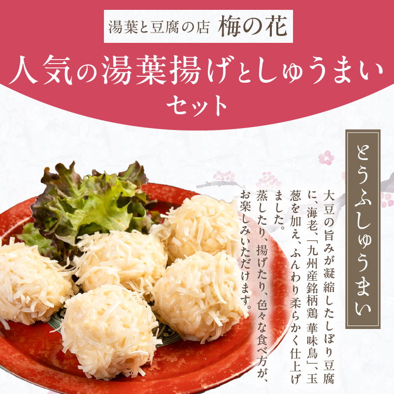 梅の花 とうふしゅうまいと湯葉揚げAセット_梅の花 とうふしゅうまい 湯葉揚げ セット 豆腐 シュウマイ とうふ屋がつくるふっくらシュウマイ 湯葉 揚げ ふっくらと練り上げた魚肉のすり身を生湯葉でやさ