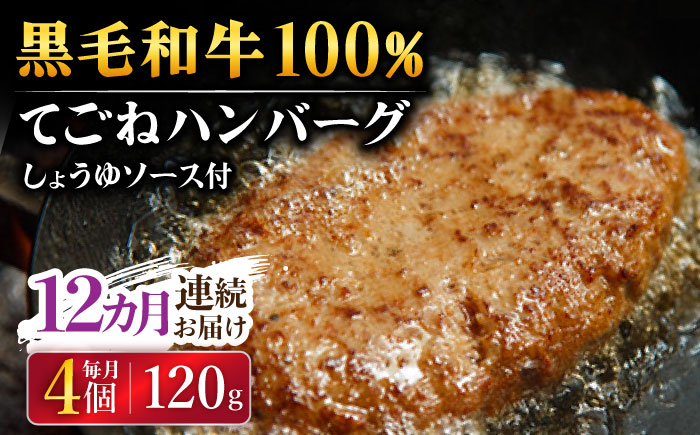 【12回定期便】黒毛和牛100％ 手ごねハンバーグ 120g×4個 しょうゆソース付/フレンチキッチン プルミエ [UCF014]