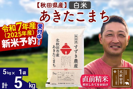※令和7年産 新米予約※秋田県産 あきたこまち 5kg【白米】(5kg小分け袋)【1回のみお届け】2025年産 お米 すずき農産