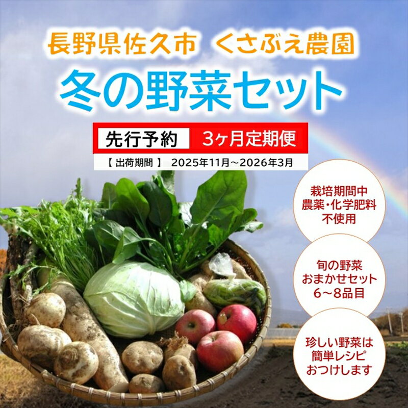 【ふるさと納税】【3ヶ月定期便】くさぶえ農園『冬の野菜6～8品目セット』（2025年11月～2026年3月出荷／北海道・沖縄・離島は配送不可）高原 無農薬 産地直送 新鮮 旬彩 簡単レシピ 先行予約【 産直 高原野菜 旬の野菜 有機野菜 有機栽培 農薬 化学肥料 不使用 佐久市】