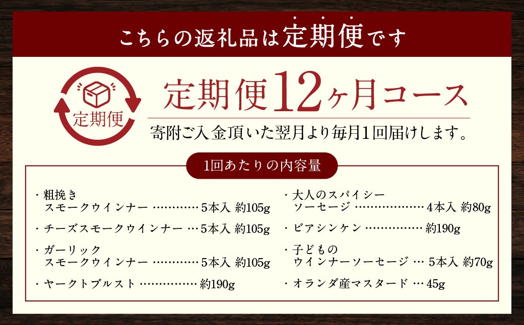 【全12回定期便】ドイツIFFAメダル受賞セット ／ 7種類 スモークウインナー ソーセージ マスタード お肉