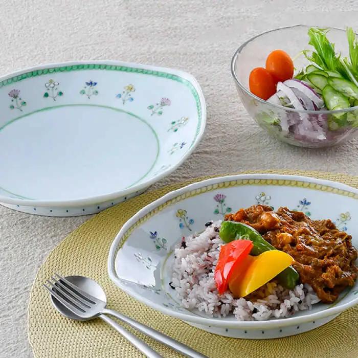 【波佐見焼】はなごよみ ヤシの実型皿 プレート お皿 グリーン・黄色 ペアセット 食器 皿 【藍水】 [GB36]  波佐見焼