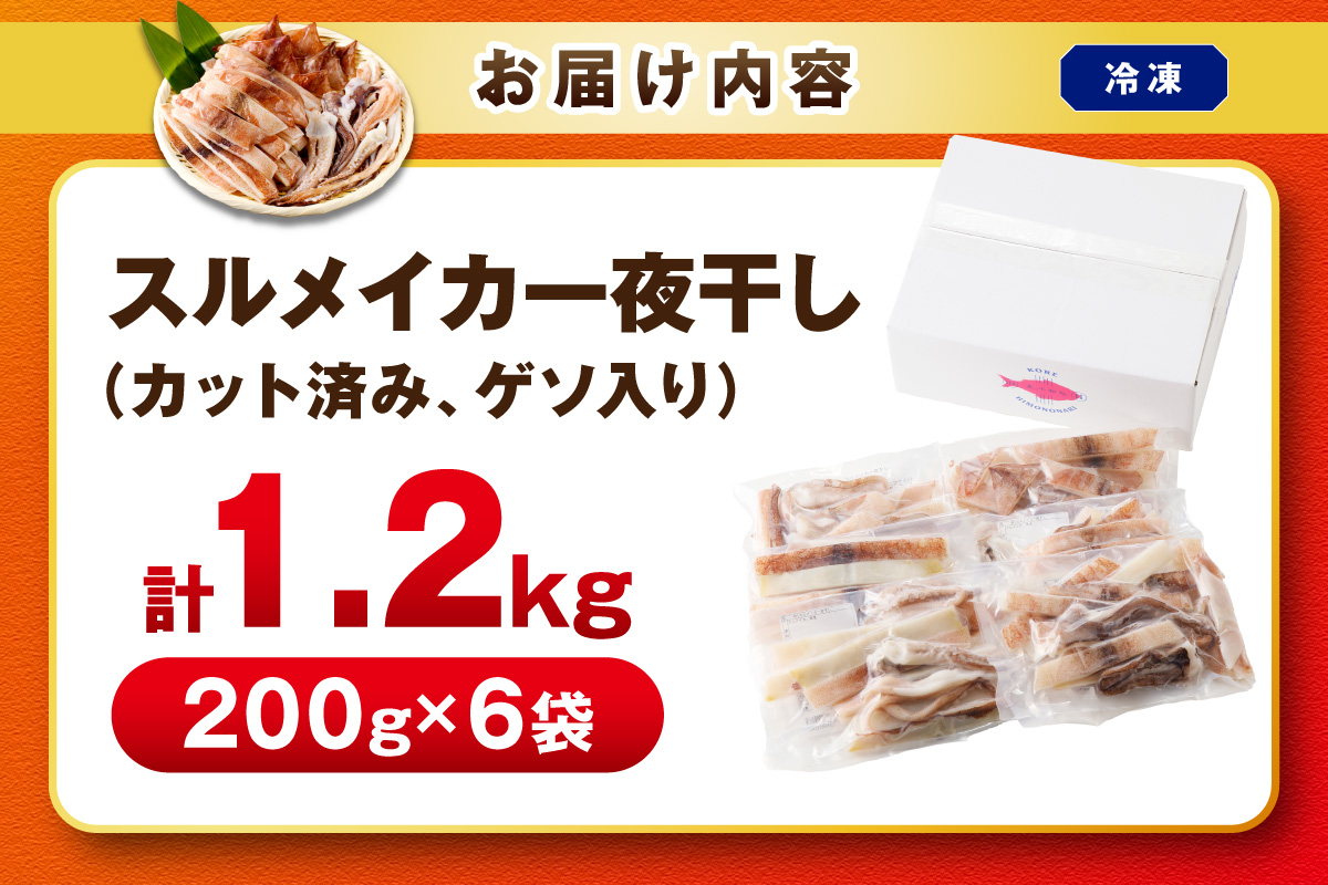 島根県産スルメイカ一夜干しカット済 計1.2kg（小分け200gｘ6袋） いか スルメ 一夜干し 1.2キロ カット済 おつまみ 小分け 個別包装 少量 【005_0118】