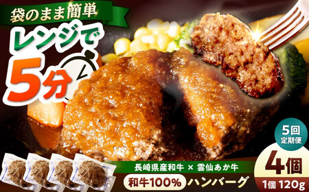 【5回定期便】 【レンジ調理】 和牛100％ハンバーグ4個 長崎県産和牛と希少あか牛（A4またはA5ランク） 長与町/炭火焼肉あおい[EBW079]