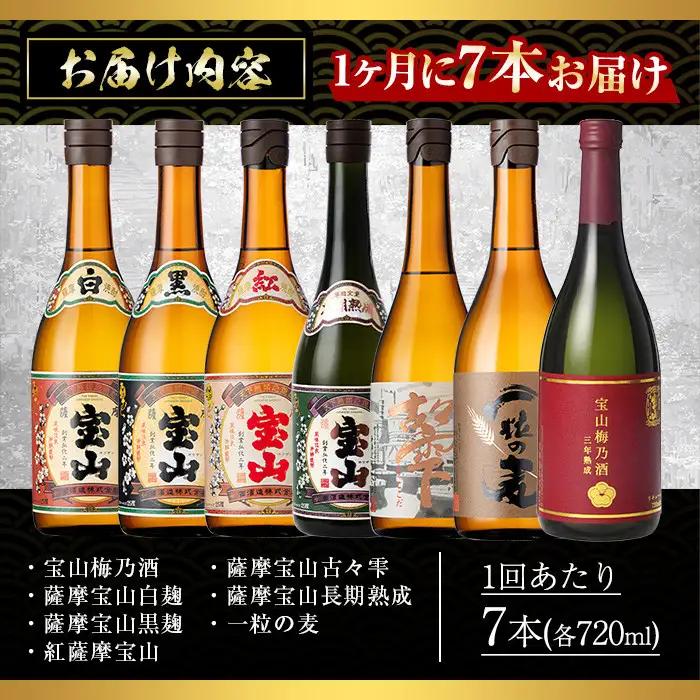 No.803 ＜定期便・全3回(連続)＞鹿児島焼酎！薩摩宝山の豪華セット(7銘柄・各720ml×1本×3回) 焼酎 酒 アルコール 芋焼酎 麦焼酎 ギフト セット 飲み比べ定期便 頒布会 常温 常温保