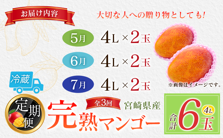 宮崎特産「完熟マンゴー4L×2玉」お届け定期便（全3回）計6玉 特産 国産 果物 フルーツ 旬 産地直送 大玉【F142-27】