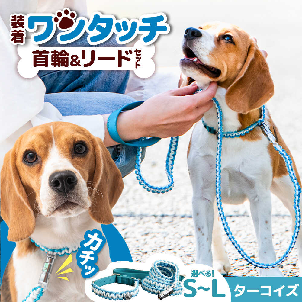 【ふるさと納税】ペット 犬の首輪＆リードセット ターコイズ / 散歩 ペット用品 犬用品 ペットグッズ ワンタッチ 着脱簡単 ロック付き 高耐久 おしゃれ 丈夫 カラフル 手作り 手編み 革 ギフト プレゼント 贈答 国産 愛犬 / 大阪府藤井寺市/(株)池上金属製作所[BLBX005]