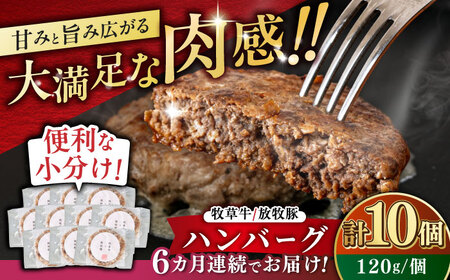 【全6回定期便】【牧草牛×放牧豚】ハンバーグ 10個 牛肉 豚肉 小分け 冷凍 北海道 [AXBP040]