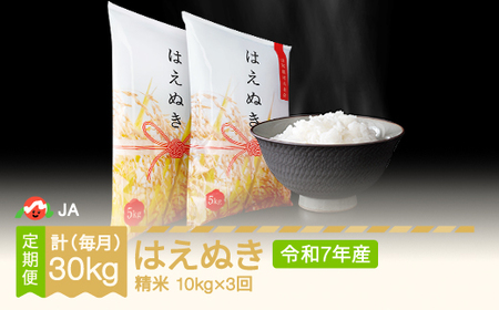 新米 米 はえぬき 毎月定期便 10kg×3回 精米 令和7年産 2025年産 ja-haxxa10_tm