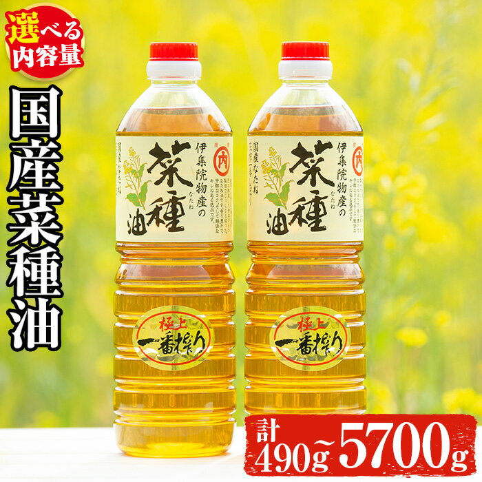 【ふるさと納税】＜数量限定＞選べる！国産菜種油(計約490g～5700g) 国産 九州 鹿児島 油 あぶら ナタネ油 なたね油 調味油 オイル 菜種 一升瓶 ペットボトル 一番搾り 贈答 ギフト 常温 常温配送 常温保存【伊集院物産】