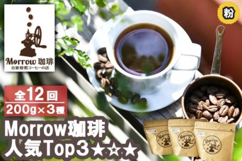 【ふるさと納税】コーヒー 定期便 12ヶ月 「元珈琲嫌い」の店長が送る 自家焙煎 Morrow珈琲 人気TOP3 セット 粉 12回 お楽しみ