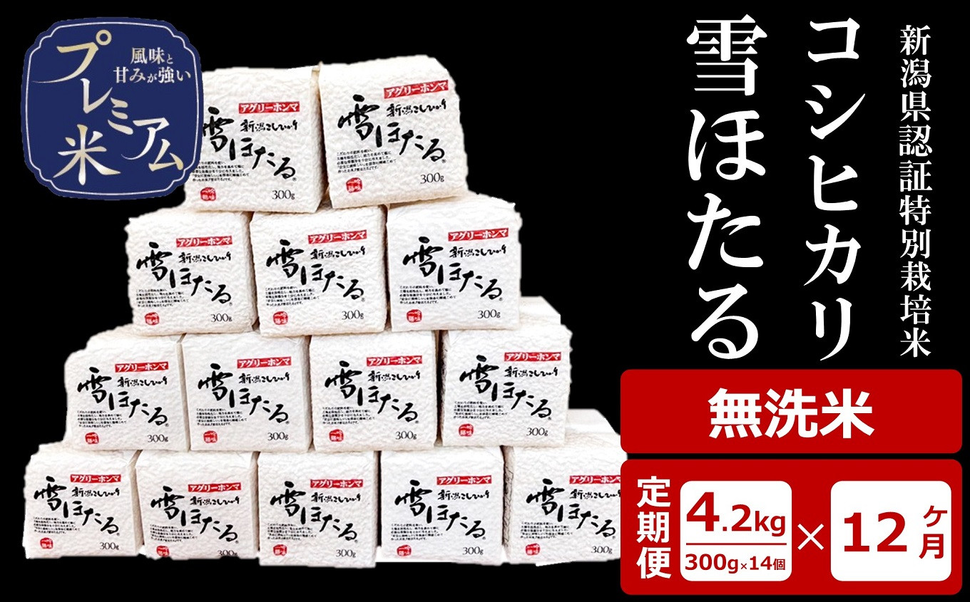 
            【12ヶ月定期便】甘味の強いプレミアム米 雪ほたる 新潟県認証特別栽培米 コシヒカリ 無洗米 真空パック 4.2kg（300g×14個）×12回（計 50.4kg） アグリーホンマ[Y0515]
          