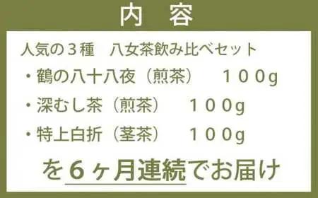 【6ヶ月連続お届け】＜人気の3種飲み比べ＞鶴製茶園の八女茶セット　026-T004