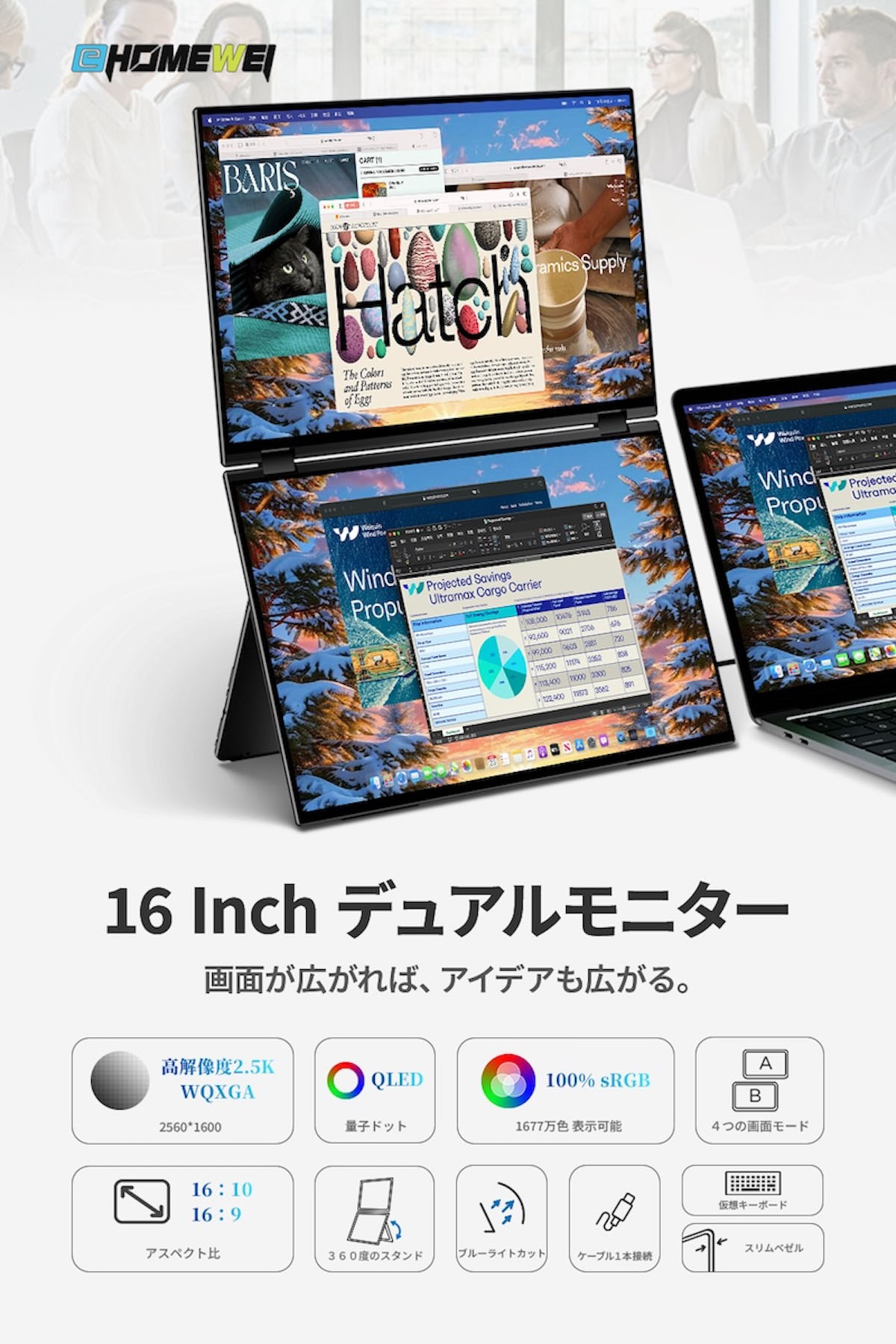 【クラウドファンディング対象返礼品】EHOMEWEI デュアルモニター QLED 16インチ 2.5K 薄型6mm [1312]