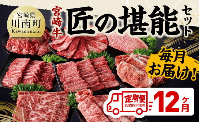 
【定期便】宮崎牛　匠の堪能セット 12か月定期便 【 肉 牛肉 国産 黒毛和牛 宮崎牛 全12回 焼肉 しゃぶしゃぶ 焼きしゃぶ BBQ 宮崎県 川南町 】
