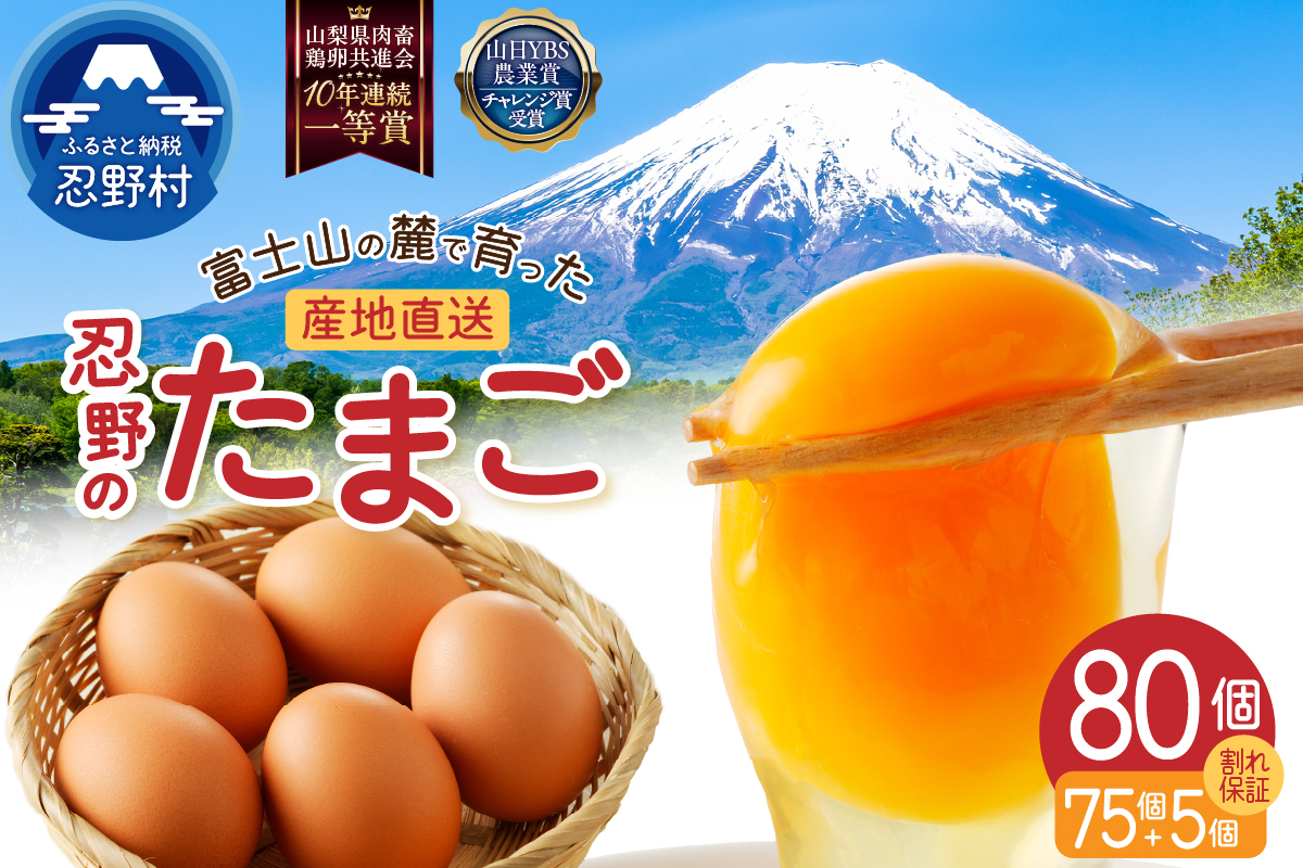 【4月配送分】富士山の麓で育った産地直送 ”忍野の卵”※卵75個+割れ保証5個　計80個