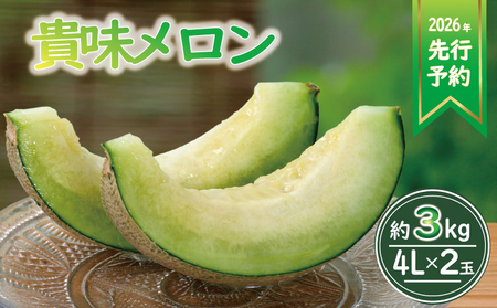 【2026年 先行予約】 貴味 メロン 約 3kg以上 青肉 （ 4L × 2玉 ） 【 メロン 】