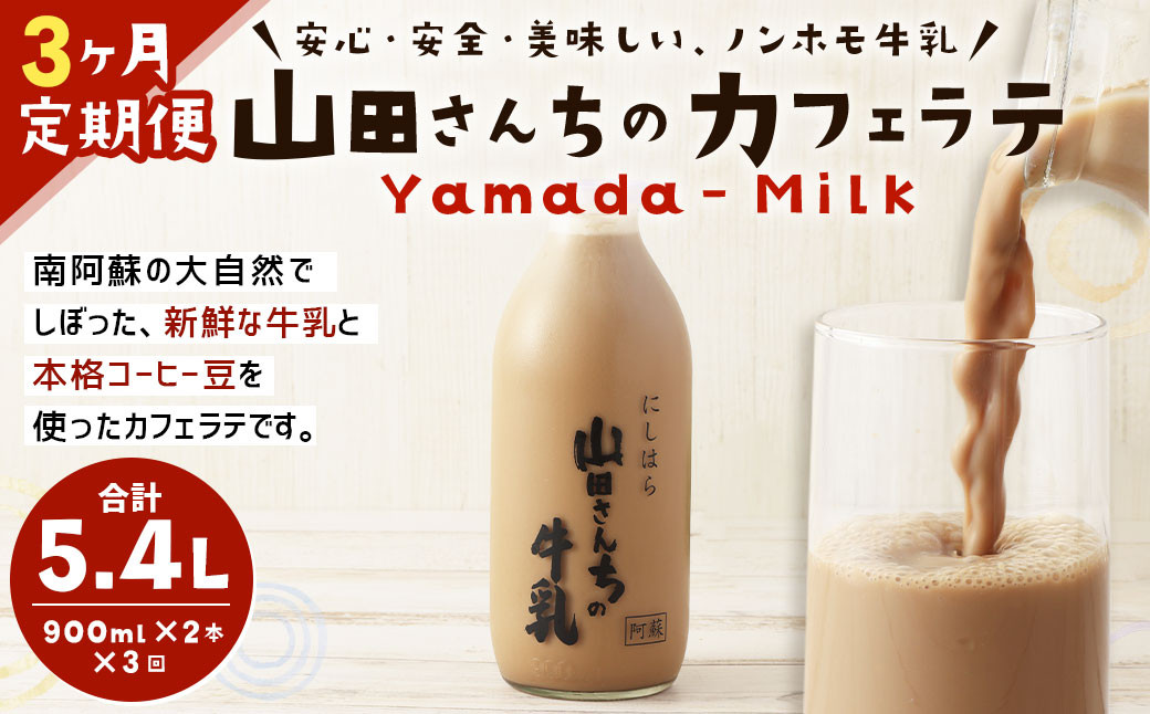 【3ヶ月定期便】山田さんちのカフェラテ 2本セット 900ml×2本 計3回 合計5.4L ノンホモ牛乳 牛乳 カフェラテ