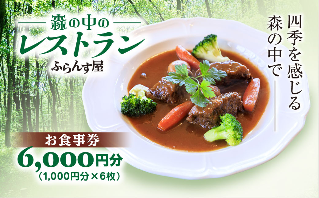 
                  森の中のレストランふらんす屋 お食事券 6,000円分（1,000円分×6枚） ふるさと納税 食事券 チケット 森の中 レストラン テラス ドッグラン わんちゃんルーム 四季 自然 千葉県山武市 SMCB002
                