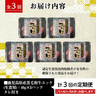 i823 《毎月数量限定》＜定期便・計3回(隔月)＞ 鹿児島県産黒毛和牛ユッケ＜(40g×5P・計200g)×全3回＞【カミチク】