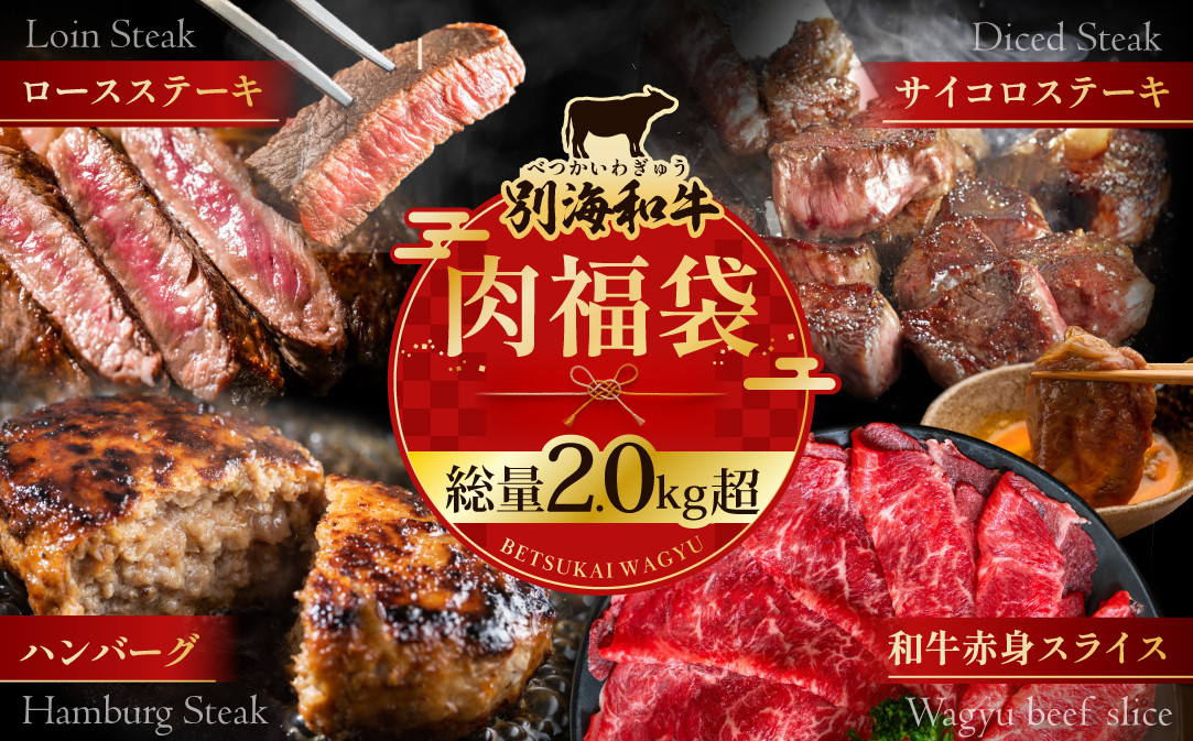 
            別海和牛肉福袋総量 2.0kg超（和牛赤身肉スライス500g ハンバーグ980g（140g×7個） サイコロステーキ500g ロースステーキ500g）【FF0000047】（ふるさと納税 肉 定期便 北海道 別海町産 黒毛 和牛）
          