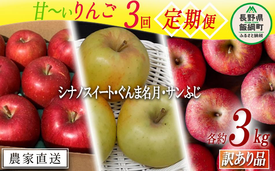 
            旬の甘いりんご 【 定期便 】 訳あり 3kg × 3回 ( シナノスイート ぐんま名月 サンふじ ) ファームトヤ 沖縄県への配送不可 2025年10月中旬頃から2025年12月下旬頃まで順次発送予定 令和7年度収穫分 信州 果物 フルーツ リンゴ 林檎 長野 31500円 予約 農家直送 長野県 飯綱町 [1838]
          