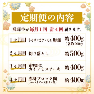 【毎月定期便】飛騨牛 定期便 計1.7kg【冷蔵便】 全4回【配送不可地域：離島】
