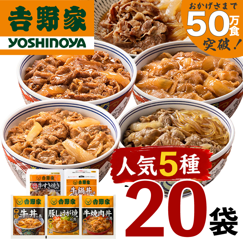 吉野家 人気5種 20袋 セット 詰め合わせ 冷凍 牛丼 レトルト 丼の具 レトルト食品 非常食 防災食 新潟 十日町市