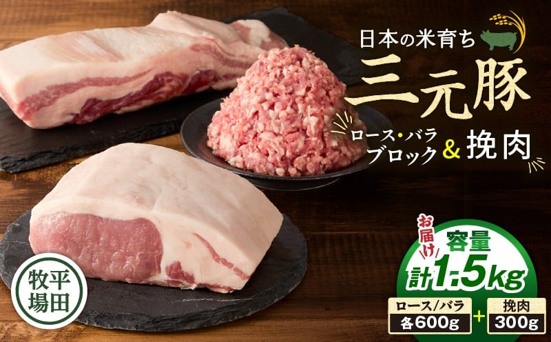 
            日本の米育ち平田牧場 三元豚ロースブロック（600g）・バラブロック（600g）・挽肉（300g）計1.5kg　T036-010
          