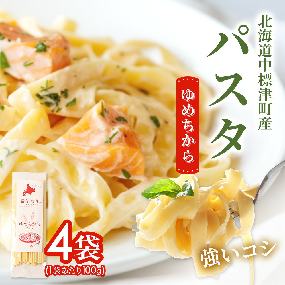 【ふるさと納税】北海道中標津町産「ゆめちから」パスタ×4袋 | ゆめちから使用 北海道小麦のもちもちパスタ 国産小麦 本格パスタ ゆめちからパスタ 香り 旨み 堪能 超強力小麦使用 北海道産 小麦 常温保存 ランチ 麺類 お取り寄せ 北海道 中標津町 中標津【82002】