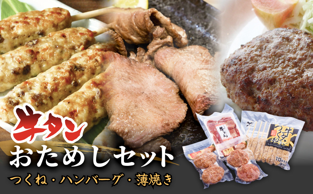 
            牛タンおためしセット 冷凍 食べ比べ 詰め合わせ 牛たんつくね 薄焼き牛たん ハンバーグ  チーズ入ハンバーグ  簡単調理 おかず おつまみ
          