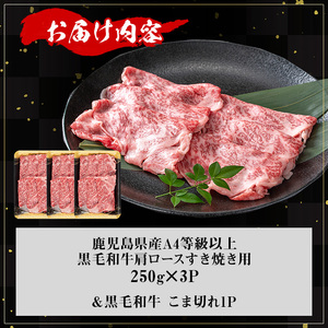 【数量限定】鹿児島県産黒毛和牛A4等級以上肩ロースすき焼き用 (計750g＋黒毛和牛こま切れ250g×1P) 鹿児島県産 牛肉 冷凍 【KNOT】 A809-v01