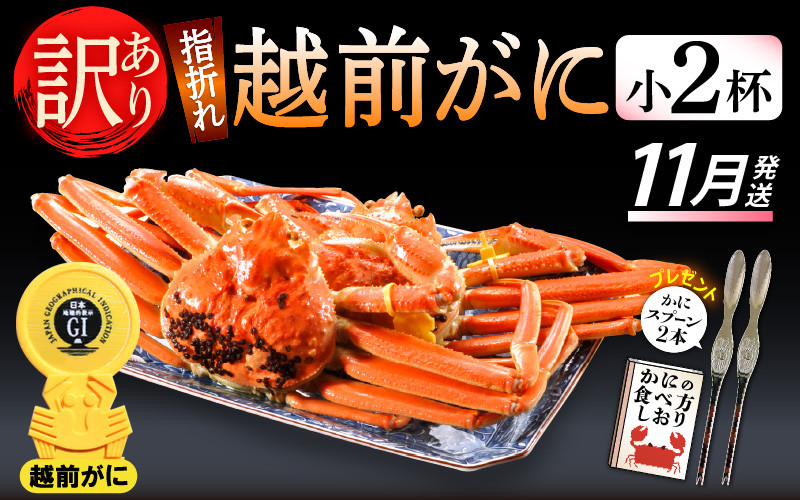 
            【訳あり】≪浜茹で≫指折れ 越前がに（小） × 2杯 食べ方しおり かにスプーン付き【雄 ズワイガニ ずわいがに 越前ガニ 姿 ボイル 冷蔵 福井県】【11月発送分】希望日指定可 備考欄に希望日をご記入ください [e15-x001_11]
          