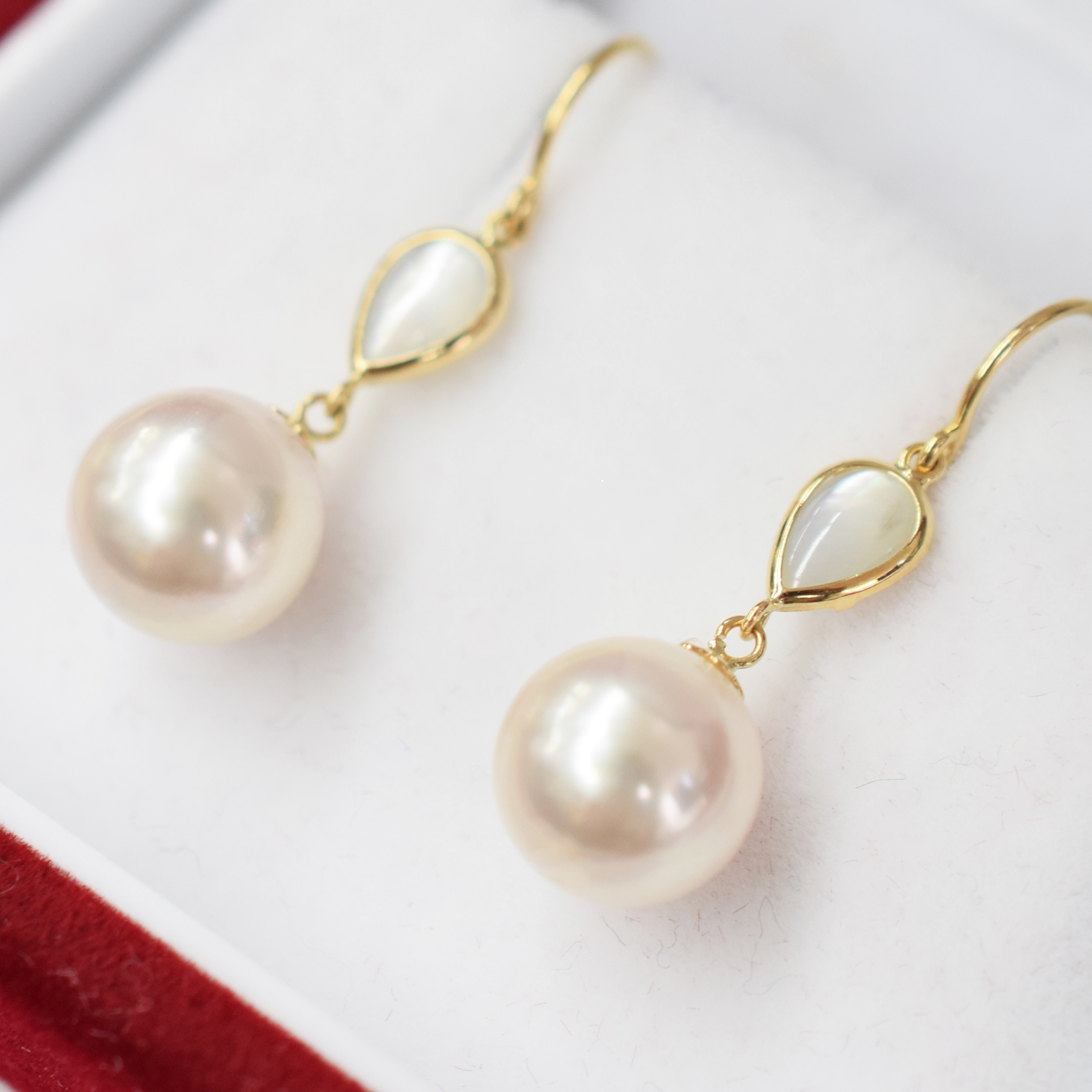 S101-417_あこや真珠 天草 ピアス シェル 8mm - 8.5mm ドロップ ホワイトピンク K18 K14 YG WG