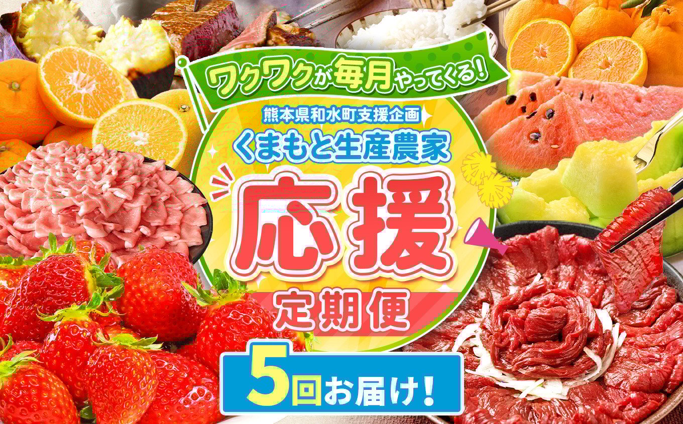 
            【 定期便 5回 】支援 企画 ！ くまもと 生産 農家 応援 定期便 ！ | 熊本県 熊本 くまもと 和水町 なごみ町 なごみ いちご スイカ 小玉 牛肉 あか牛 赤牛 肥後 ステーキ みかん ミカン 蜜柑 定期便
          