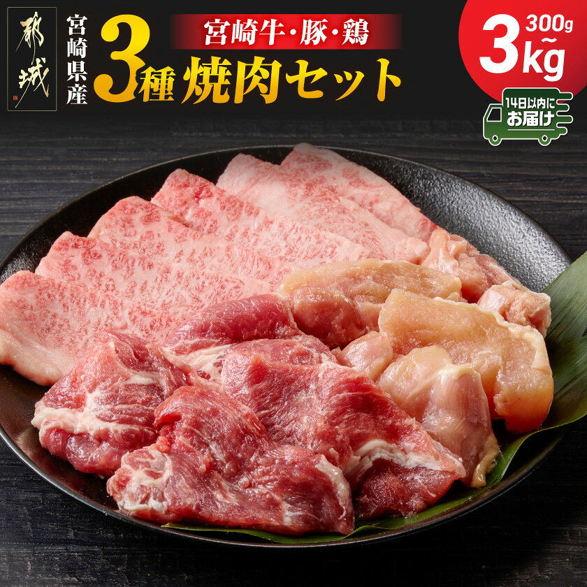 【ふるさと納税】【内容量が選べる！】宮崎県産≪宮崎牛・豚・鶏≫3種の焼肉セット≪みやこんじょ快速便≫ - 宮崎県産 焼肉セット 300g/900g/1.8kg/3kg 宮崎牛バラ/豚肉(ロース又は肩ロース)/鶏モモ肉 送料無料 SKU-8910 【宮崎県都城市】
