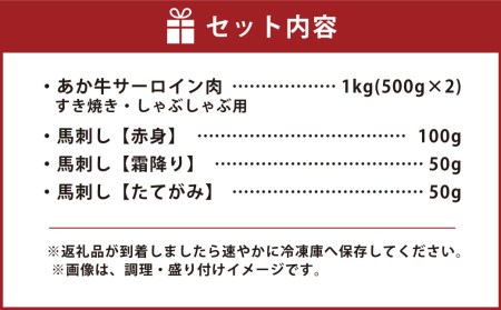 あか牛すきやき・しゃぶしゃぶ用サーロイン肉1kg(500g×2)馬刺し200g(赤身100g、霜降り50g、たてがみ50g)セット